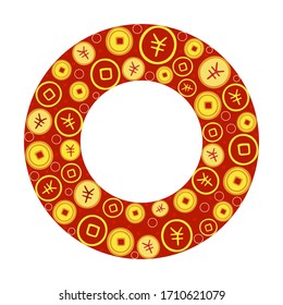 Vector image. New year concept chinese and red chinese envelope. Hand drawing various coins collected in a circular concept.