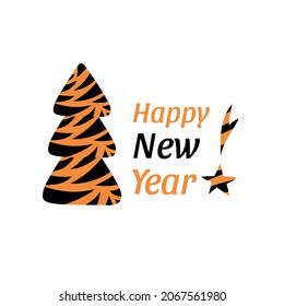 VECTOR IMAGE OF A NEW YEAR'S CHRISTMAS TREE. THE YEAR OF THE TIGER. CHRISTMAS TREE IN THE FORM OF A TIGER. POSTCARD, INVITATION, BANNER