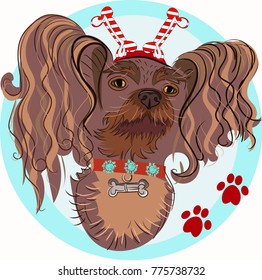 Vector image of "New Year's Dog, with decorations for decoration", for design of postcards.  New Year 2018 Yellow Dog.