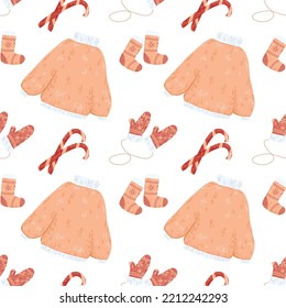 vector image. New Year's pattern orange sweater, candy cane, mittens, knitted socks with a pattern. festive pattern. design, printing, background, print