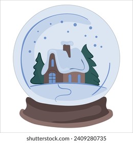 Vector image of a New Year's snow globe with a house in a snowy pond.