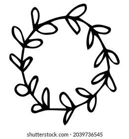 Vector image of a New Year's wreath. Black outline, doodle. Hand-drawn. Design of posters, postcards, invitations, design of weddings, holidays, decor.