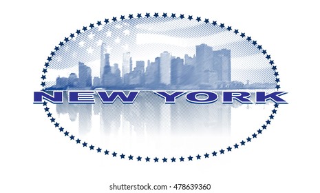 Vector image of New York City on a background of the American flag with reflection