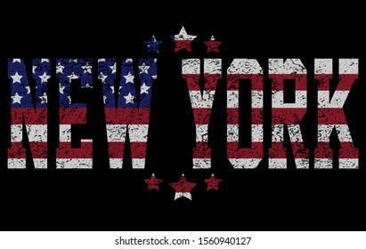 Vector image of new York on the background of the American flag in grunge style. Logo on t-shirt.