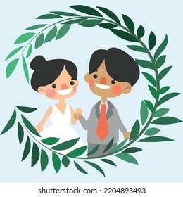 Vector image of a newlywed couple in the middle of the picture surrounded by green vines.