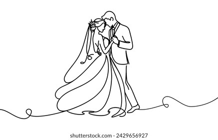 Vector image of newlyweds in one continuous line on a white background.