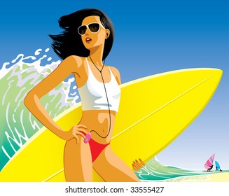 Vector image of nice girl with a surfboard
