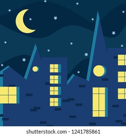 Vector image of night city. Brick houses with luminous windows, moon and stars in the dark sky.