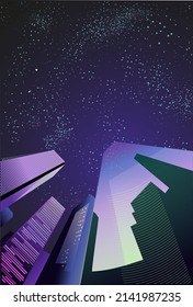 Vector image, night city, mega polis in the light of stars and night illumination.