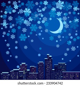 Vector image with night city under the snow, cityscape