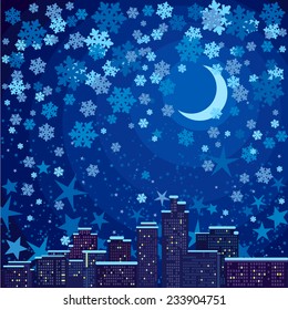 Vector image with night city under the snow, cityscape