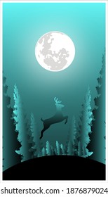 Vector image of night moon illustration with deer and fir forest