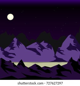 Vector image. Night mountains under the moon with a lake. Quiet and peaceful place.