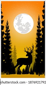 Vector image of night scene illustration with full moon and deer 