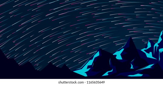 vector image of the night starry sky on the background of the mountains, with the effect of exposure