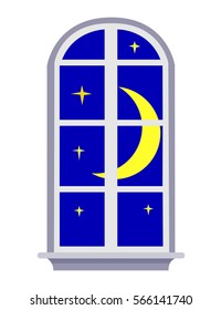Vector image of a night window of blue sky with moon and stars isolated on white design element. 