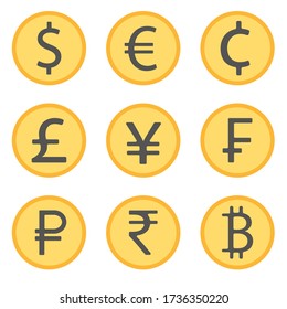 Vector image of nine world currencies. Icons of dollar, euro, cent, pound, yen, franc, ruble, rupee, bitcoin in the form of gold coins. Flat icons.
