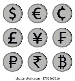 Vector image of nine world currencies. Icons of dollar, euro, cent, pound, yen, franc, ruble, rupee, bitcoin in the form of silver coins with volume. Flat icons with shadows.