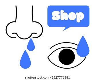 A vector image of a nose and eye with blue raindrop-like symbols and a speech bubble with the word Shop in bold text. Ideal for advertisements, health awareness, e-commerce, allergy-related content