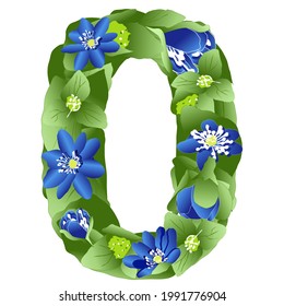 vector image of the number 0 in the form of flowers and leaves of liverwort on a white background in bright colors