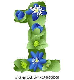 vector image of the number 1 in the form of flowers and leaves of liverwort on a white background in bright colors