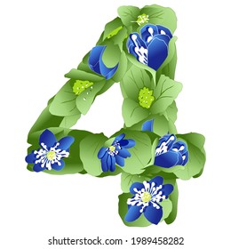 imagen vectorial del número 4 en forma de flores y hojas de hipérico sobre fondo blanco en colores vivos