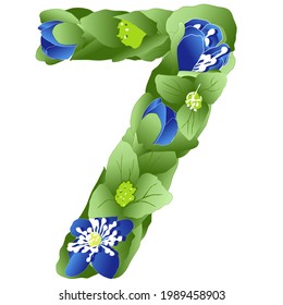 vector image of the number 7 in the form of flowers and leaves of liverwort on a white background in bright colors