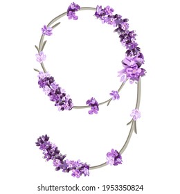 vector image of the number 9 in the form of lavender sprigs in bright purple colors on a white background