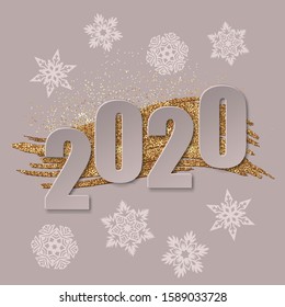 Vector image of numbers 2020 on a pink background with snowflakes and decor in the form of a golden spot. EPS10.