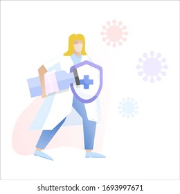 Vector Image of a nurse, holding a vaccine in her hands, who is fighting the coronavirus. Flat illustration.