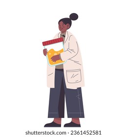 Vector image with nurse and urine test pack. Cartoon clipart for medical analysis. Doctor with sample for urinalysis study. Hospital and clinic research for treatment or health check up, drug test