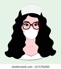 Vector image of a nurse with white garment, eyeglasses and long hair.
