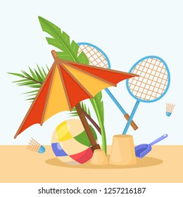 Vector image, object that capture the spirit of summer, summertime: ball, sun umbrella, sandpit, kids paddle, badminton, sun, beach, tropical leaves. Design concept, summer colorful image. Vector.