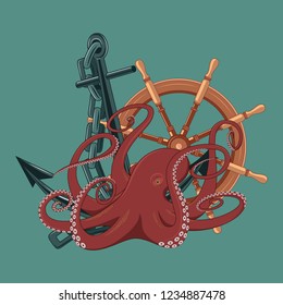 Vector image of an octopus, anchor, helm on a blue background.