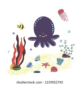 Vector image of an octopus in the center with algae, shells, jellyfish, fish and air bubbles. Used for logo, window dressing, flyer or discount card and for an animal store