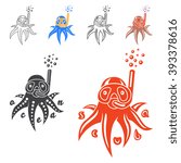 Vector image of an octopus on white background. Vector illustration with a octopus, mask and snorkel. Logo and emblem template for snorkeling club.