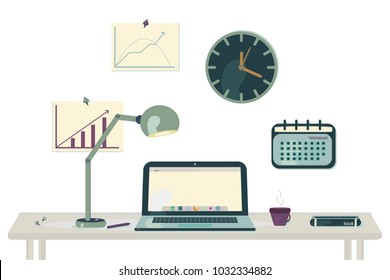 vector image of office desk. computer, book, clock, coffee, schedule, calendar, lamp. on the screen you can write your text.