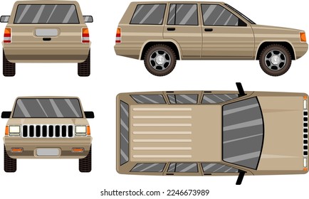 Imagen vectorial de un coche fuera de carretera. fórmula de la rueda 4x4. jeep marrón. Vista lateral, frontal, posterior y superior del vehículo