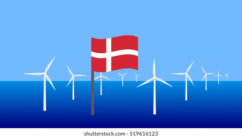 Vector image of offshore wind turbines with the Danish flag
