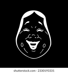 Vector image of an Okame traditional Japanese theatrical mask, a simple ugly woman on a black background. Eps10	