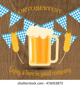 Vector image for Oktoberfest with mug of beer, flags on the wood texture background.