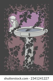 A vector image of an old drinking spring made of gray stone in the shape of a bowl, on the edge of which sits an angel, on the base in the form of a small column against and a wall overgrown with ivy