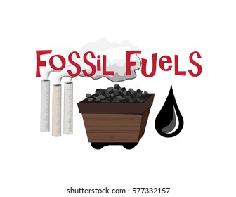 Vector image of an old fashioned coal cart, oil drop, chimneys and the words Fossil Fuels