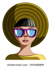 Vector image of an old fashioned girl wearing a hat and sunglasses, isolated on white background. EPS 10