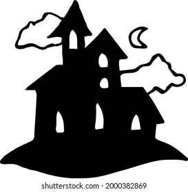 Vector image of an old house for Halloween. Black outline. Hand-drawn. Design of posters, postcards, invitations for holidays, decor.
