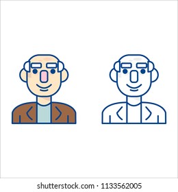 The vector image of an old man's avatar in a turtleneck and jacket. Flat design. Set of 2 images - color and monochrome.