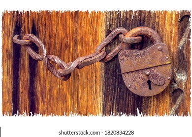 vector image of an old padlock with a chain on wooden doors