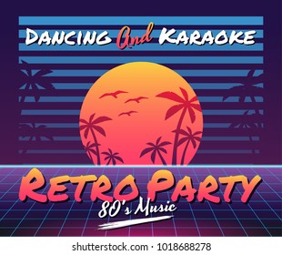 Vector image of old, retro, vintage style. Party banner, invitation, flyer, advertising. Vector illustration of retro disco and dance. 80 s, 90 s style