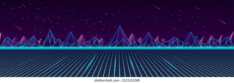 Vector image of old, retro, vintage style. Party banner, invitation, flyer, Futurism, advertising. Vector illustration of retro disco and dance. 80s, 90s style, mountains and surface with perspective