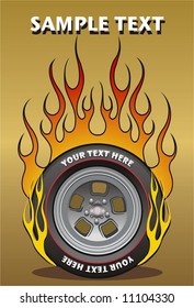 A vector image of an old school, nostalgic wheel with flames over a gold background